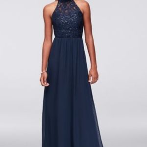 High neck navy illusion gown with ladder back detail. Size 14.